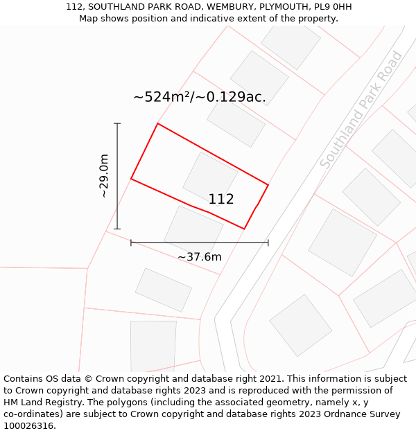 112, SOUTHLAND PARK ROAD, WEMBURY, PLYMOUTH, PL9 0HH: Plot and title map