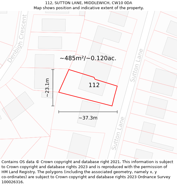 112, SUTTON LANE, MIDDLEWICH, CW10 0DA: Plot and title map