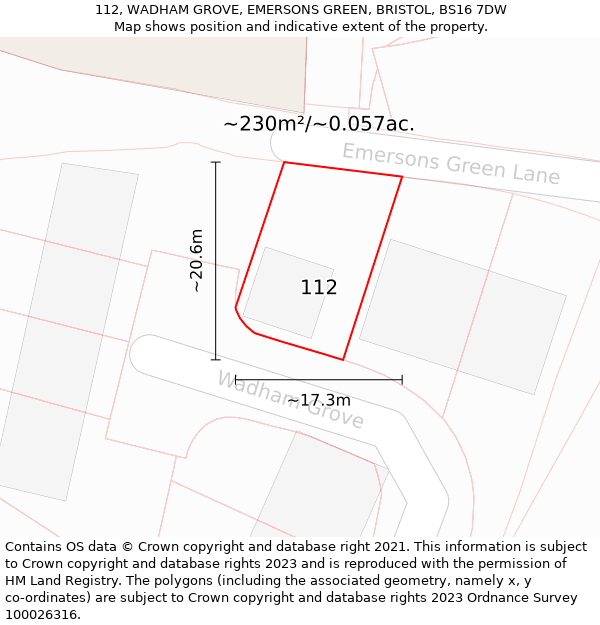112, WADHAM GROVE, EMERSONS GREEN, BRISTOL, BS16 7DW: Plot and title map