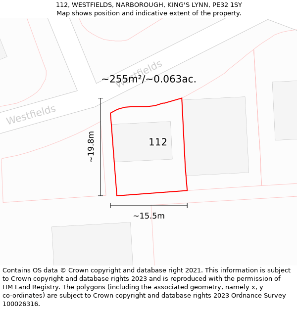 112, WESTFIELDS, NARBOROUGH, KING'S LYNN, PE32 1SY: Plot and title map