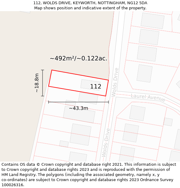 112, WOLDS DRIVE, KEYWORTH, NOTTINGHAM, NG12 5DA: Plot and title map