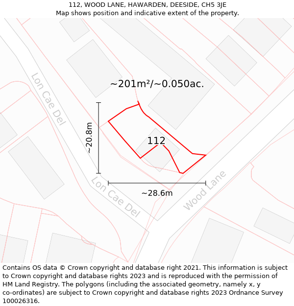 112, WOOD LANE, HAWARDEN, DEESIDE, CH5 3JE: Plot and title map