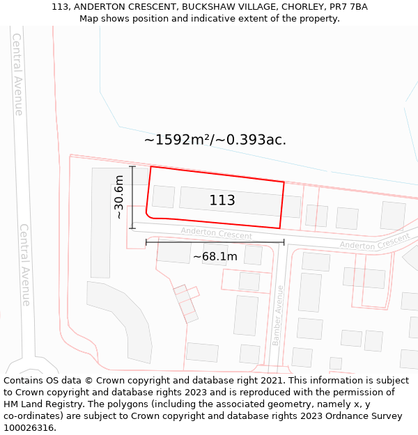 113, ANDERTON CRESCENT, BUCKSHAW VILLAGE, CHORLEY, PR7 7BA: Plot and title map