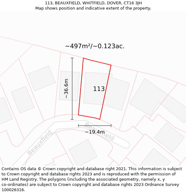 113, BEAUXFIELD, WHITFIELD, DOVER, CT16 3JH: Plot and title map