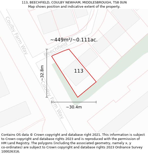 113, BEECHFIELD, COULBY NEWHAM, MIDDLESBROUGH, TS8 0UN: Plot and title map