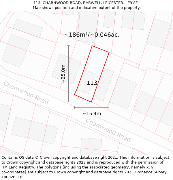 113, CHARNWOOD ROAD, BARWELL, LEICESTER, LE9 8FL: Plot and title map