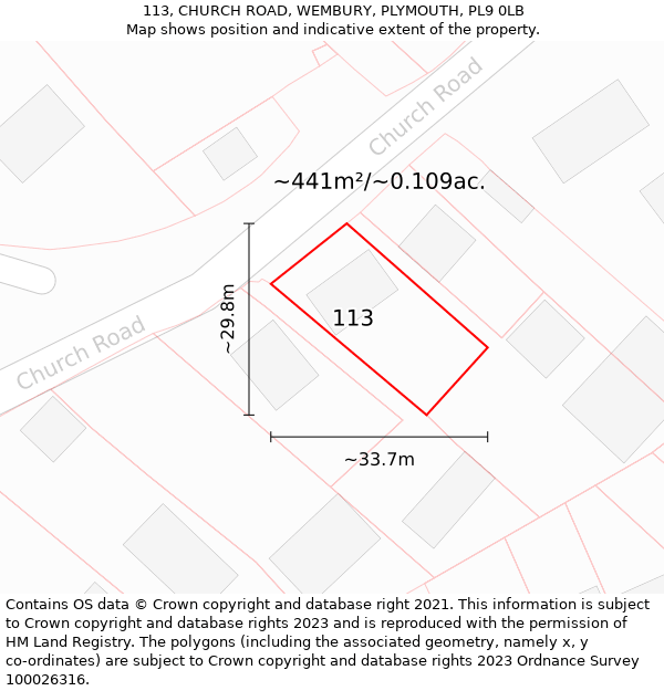 113, CHURCH ROAD, WEMBURY, PLYMOUTH, PL9 0LB: Plot and title map