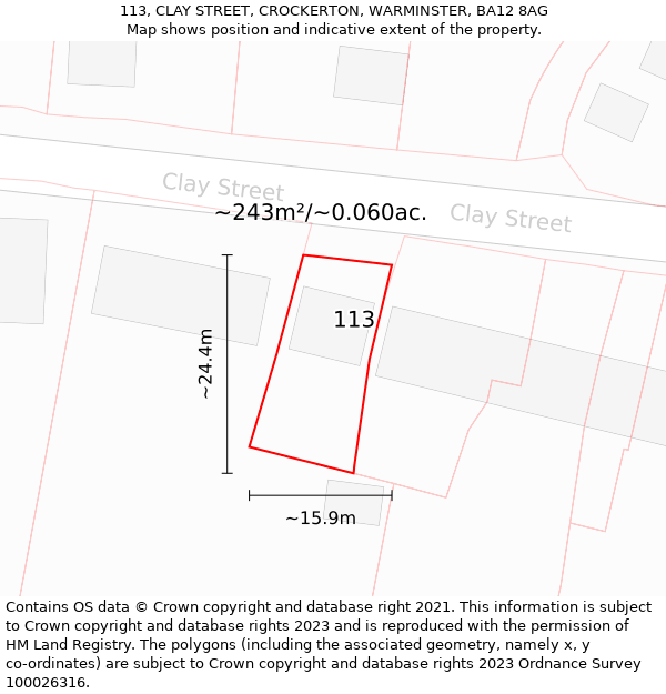 113, CLAY STREET, CROCKERTON, WARMINSTER, BA12 8AG: Plot and title map