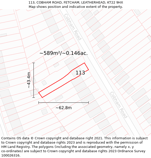 113, COBHAM ROAD, FETCHAM, LEATHERHEAD, KT22 9HX: Plot and title map