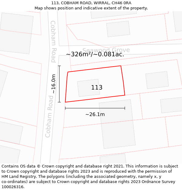 113, COBHAM ROAD, WIRRAL, CH46 0RA: Plot and title map