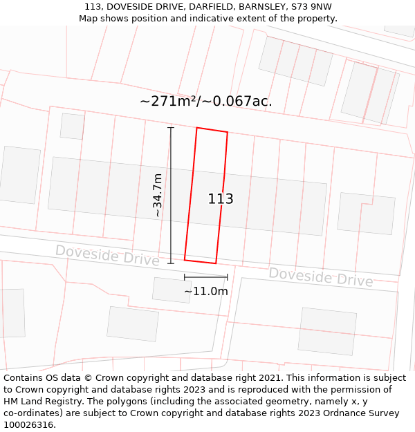 113, DOVESIDE DRIVE, DARFIELD, BARNSLEY, S73 9NW: Plot and title map