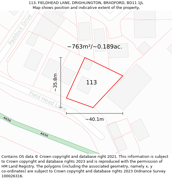 113, FIELDHEAD LANE, DRIGHLINGTON, BRADFORD, BD11 1JL: Plot and title map