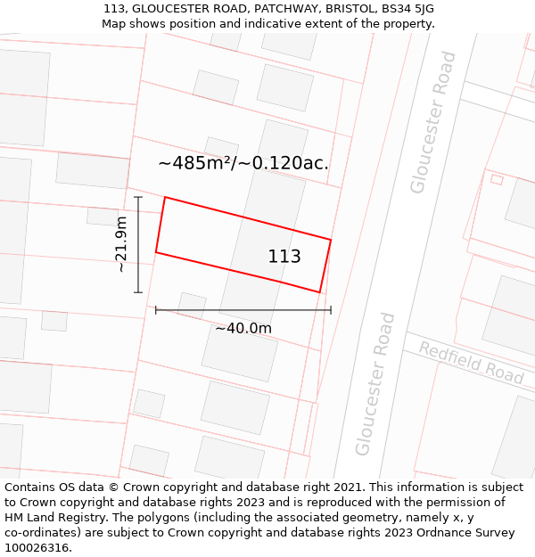 113, GLOUCESTER ROAD, PATCHWAY, BRISTOL, BS34 5JG: Plot and title map