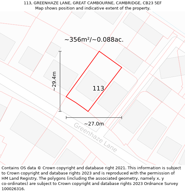 113, GREENHAZE LANE, GREAT CAMBOURNE, CAMBRIDGE, CB23 5EF: Plot and title map