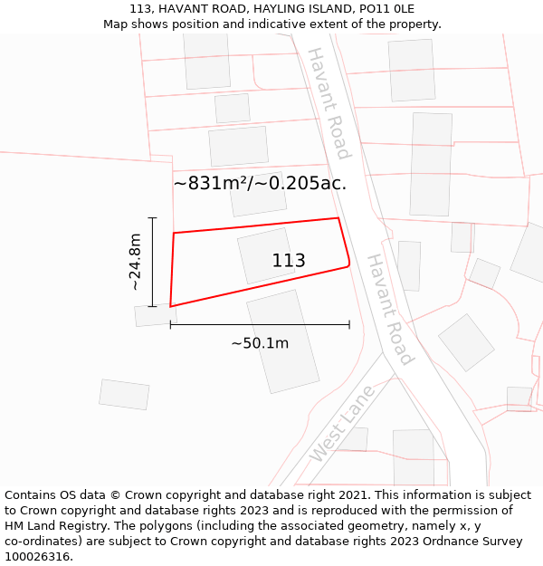 113, HAVANT ROAD, HAYLING ISLAND, PO11 0LE: Plot and title map