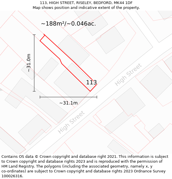 113, HIGH STREET, RISELEY, BEDFORD, MK44 1DF: Plot and title map