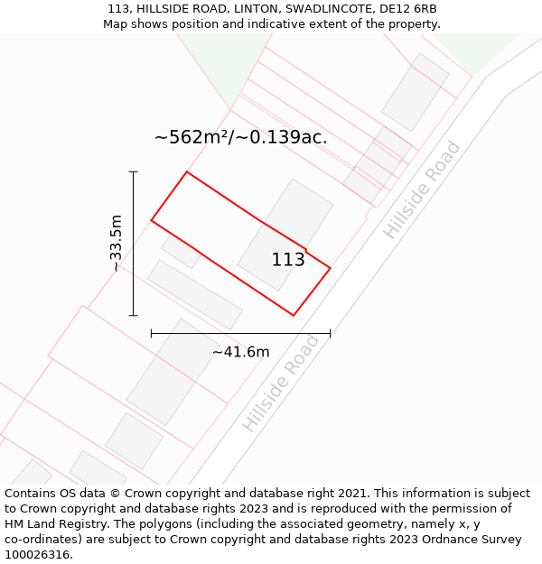 113, HILLSIDE ROAD, LINTON, SWADLINCOTE, DE12 6RB: Plot and title map