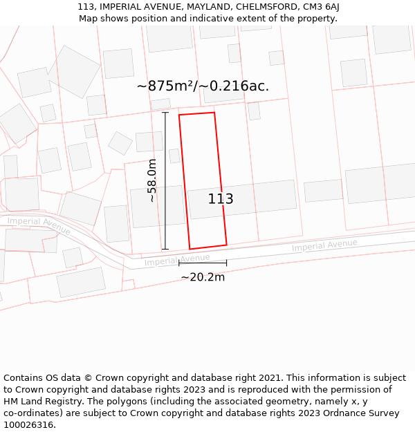 113, IMPERIAL AVENUE, MAYLAND, CHELMSFORD, CM3 6AJ: Plot and title map