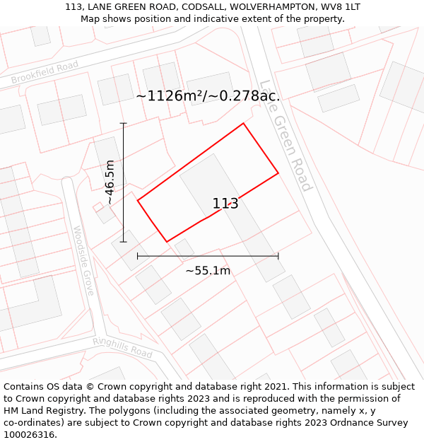 113, LANE GREEN ROAD, CODSALL, WOLVERHAMPTON, WV8 1LT: Plot and title map