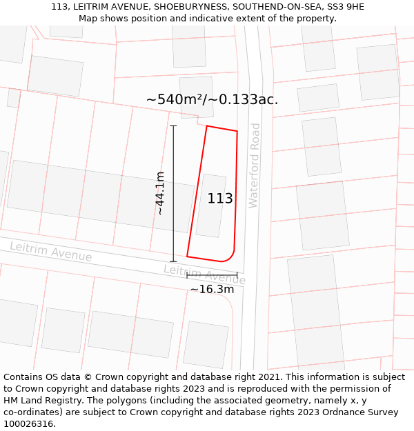 113, LEITRIM AVENUE, SHOEBURYNESS, SOUTHEND-ON-SEA, SS3 9HE: Plot and title map