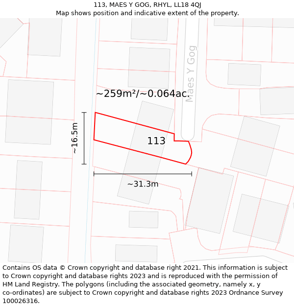 113, MAES Y GOG, RHYL, LL18 4QJ: Plot and title map