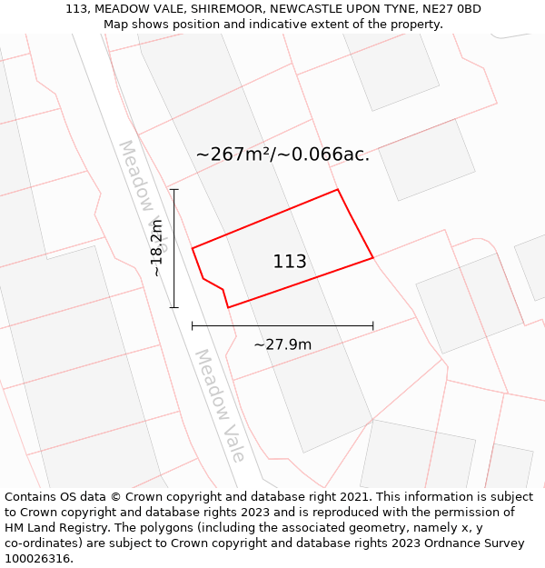 113, MEADOW VALE, SHIREMOOR, NEWCASTLE UPON TYNE, NE27 0BD: Plot and title map