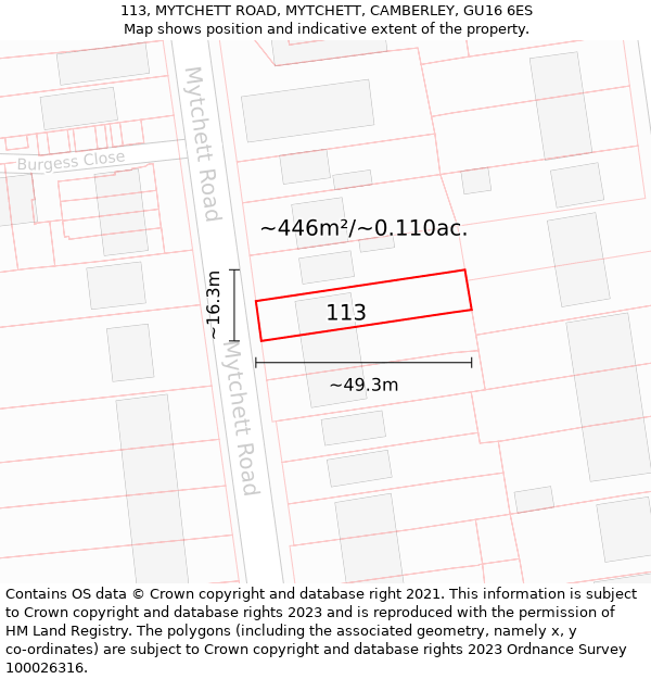 113, MYTCHETT ROAD, MYTCHETT, CAMBERLEY, GU16 6ES: Plot and title map