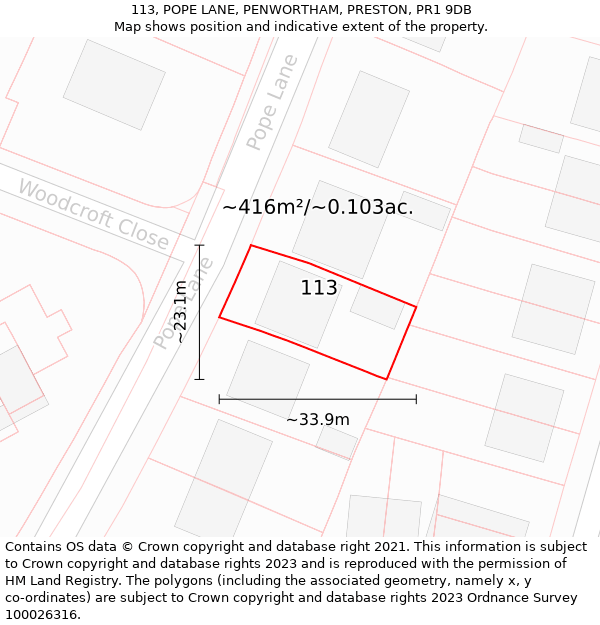 113, POPE LANE, PENWORTHAM, PRESTON, PR1 9DB: Plot and title map