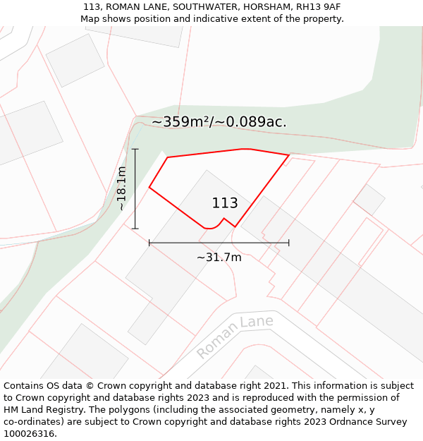 113, ROMAN LANE, SOUTHWATER, HORSHAM, RH13 9AF: Plot and title map