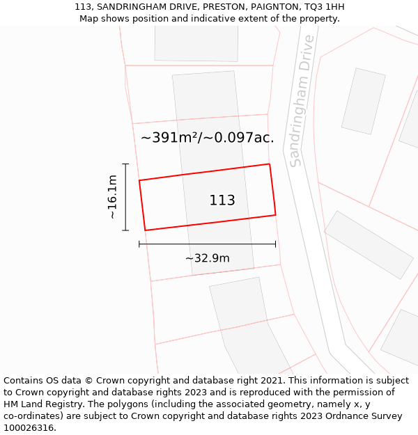 113, SANDRINGHAM DRIVE, PRESTON, PAIGNTON, TQ3 1HH: Plot and title map