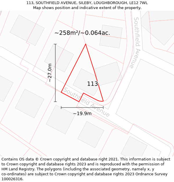 113, SOUTHFIELD AVENUE, SILEBY, LOUGHBOROUGH, LE12 7WL: Plot and title map