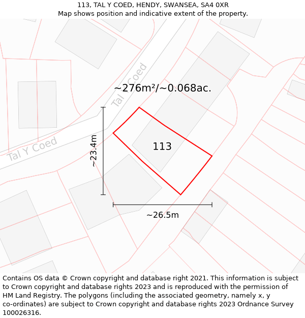 113, TAL Y COED, HENDY, SWANSEA, SA4 0XR: Plot and title map