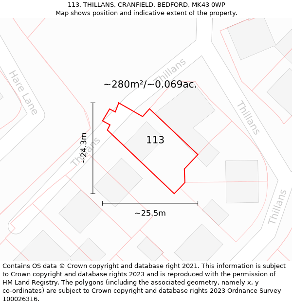 113, THILLANS, CRANFIELD, BEDFORD, MK43 0WP: Plot and title map