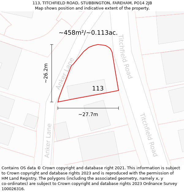 113, TITCHFIELD ROAD, STUBBINGTON, FAREHAM, PO14 2JB: Plot and title map