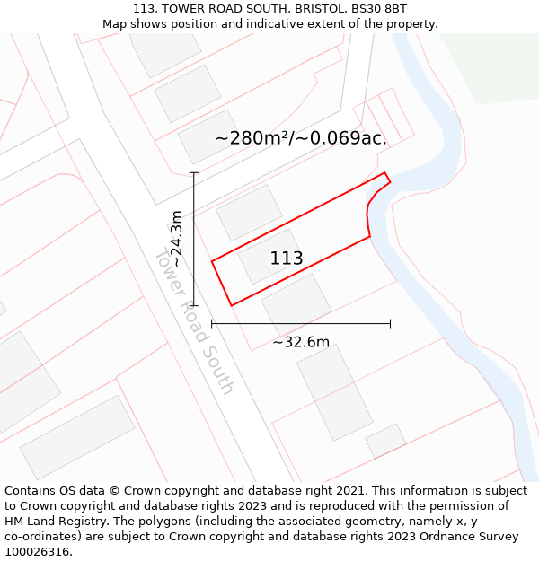 113, TOWER ROAD SOUTH, BRISTOL, BS30 8BT: Plot and title map