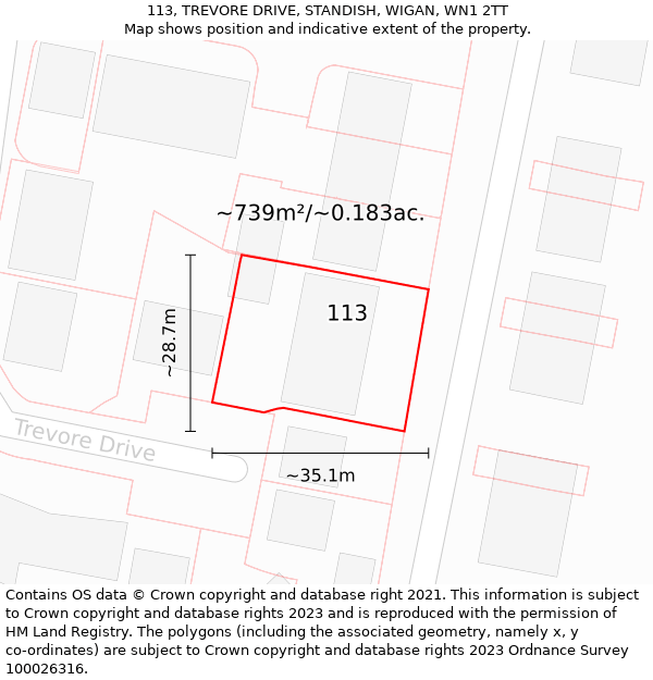 113, TREVORE DRIVE, STANDISH, WIGAN, WN1 2TT: Plot and title map