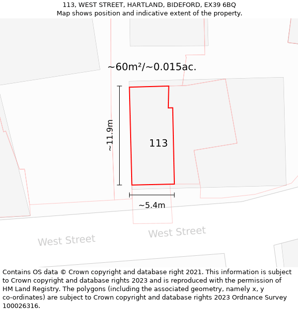 113, WEST STREET, HARTLAND, BIDEFORD, EX39 6BQ: Plot and title map