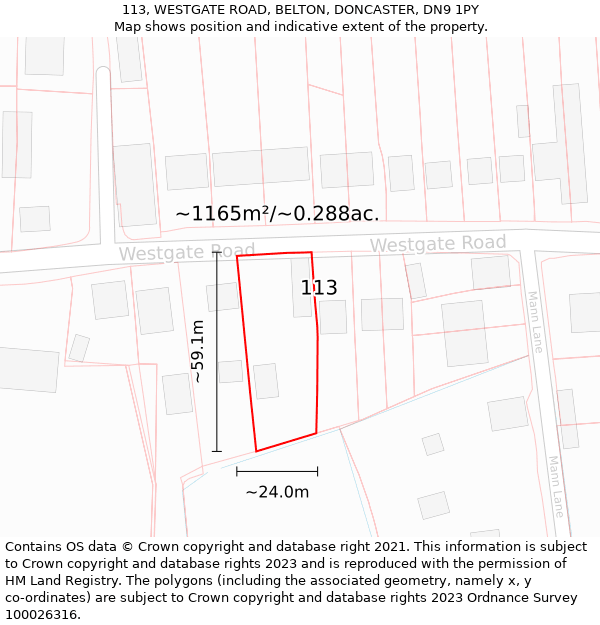 113, WESTGATE ROAD, BELTON, DONCASTER, DN9 1PY: Plot and title map