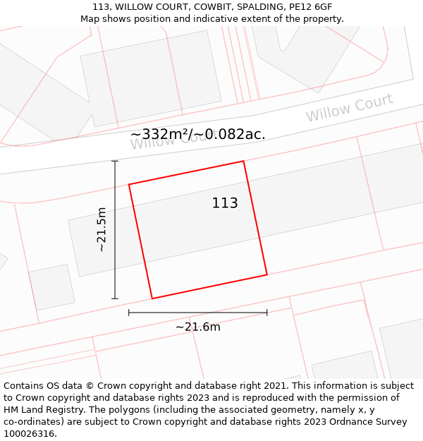 113, WILLOW COURT, COWBIT, SPALDING, PE12 6GF: Plot and title map