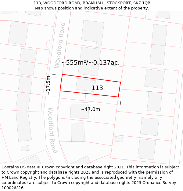 113, WOODFORD ROAD, BRAMHALL, STOCKPORT, SK7 1QB: Plot and title map