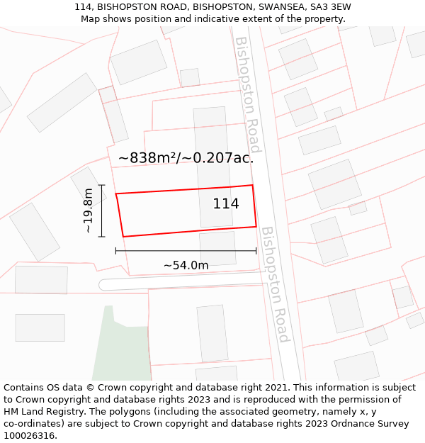 114, BISHOPSTON ROAD, BISHOPSTON, SWANSEA, SA3 3EW: Plot and title map