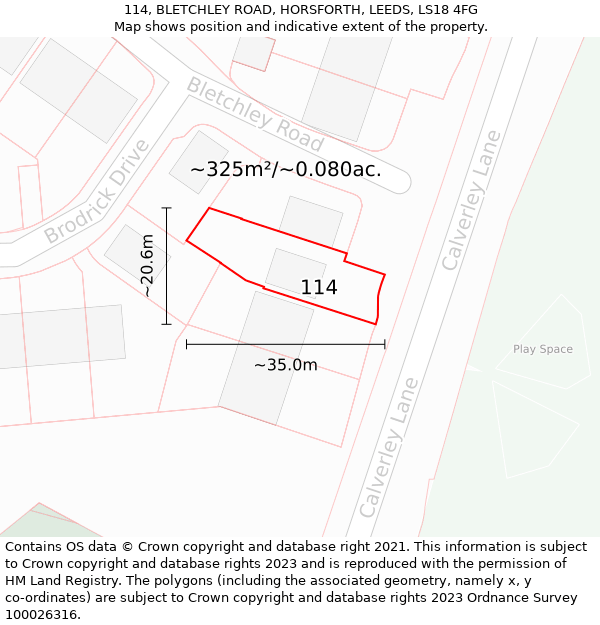 114, BLETCHLEY ROAD, HORSFORTH, LEEDS, LS18 4FG: Plot and title map