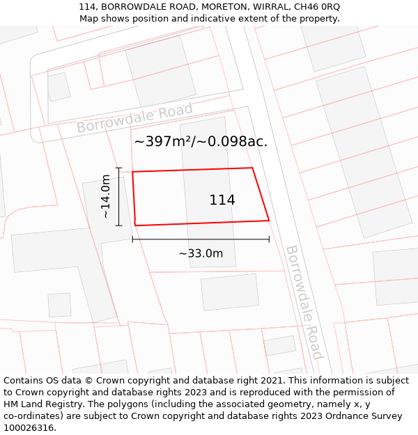 114, BORROWDALE ROAD, MORETON, WIRRAL, CH46 0RQ: Plot and title map