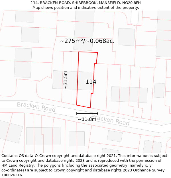 114, BRACKEN ROAD, SHIREBROOK, MANSFIELD, NG20 8FH: Plot and title map