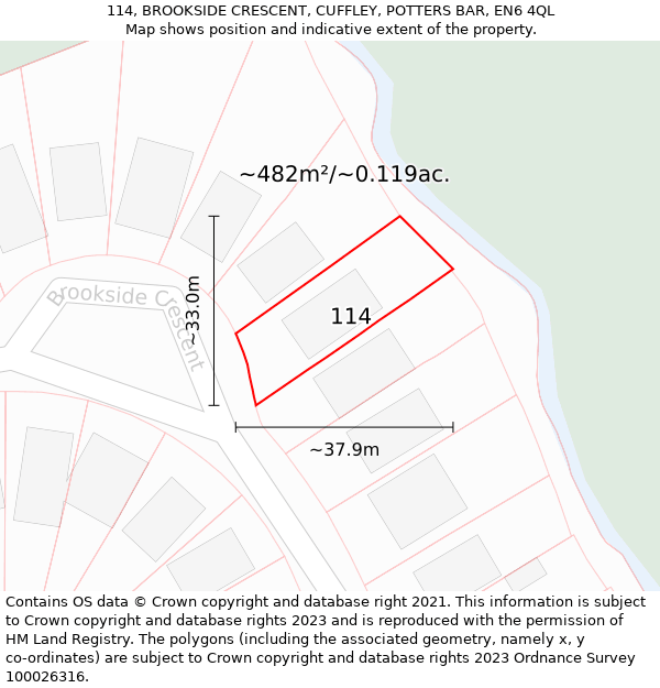 114, BROOKSIDE CRESCENT, CUFFLEY, POTTERS BAR, EN6 4QL: Plot and title map