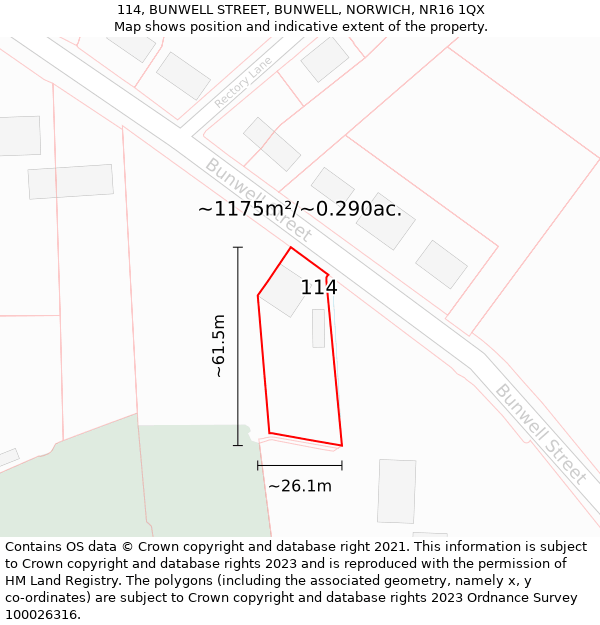 114, BUNWELL STREET, BUNWELL, NORWICH, NR16 1QX: Plot and title map