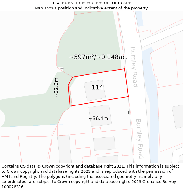 114, BURNLEY ROAD, BACUP, OL13 8DB: Plot and title map