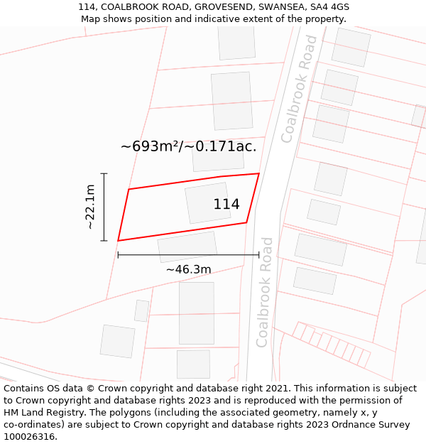 114, COALBROOK ROAD, GROVESEND, SWANSEA, SA4 4GS: Plot and title map
