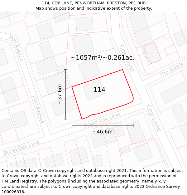 114, COP LANE, PENWORTHAM, PRESTON, PR1 0UR: Plot and title map