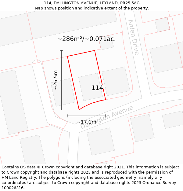 114, DALLINGTON AVENUE, LEYLAND, PR25 5AG: Plot and title map